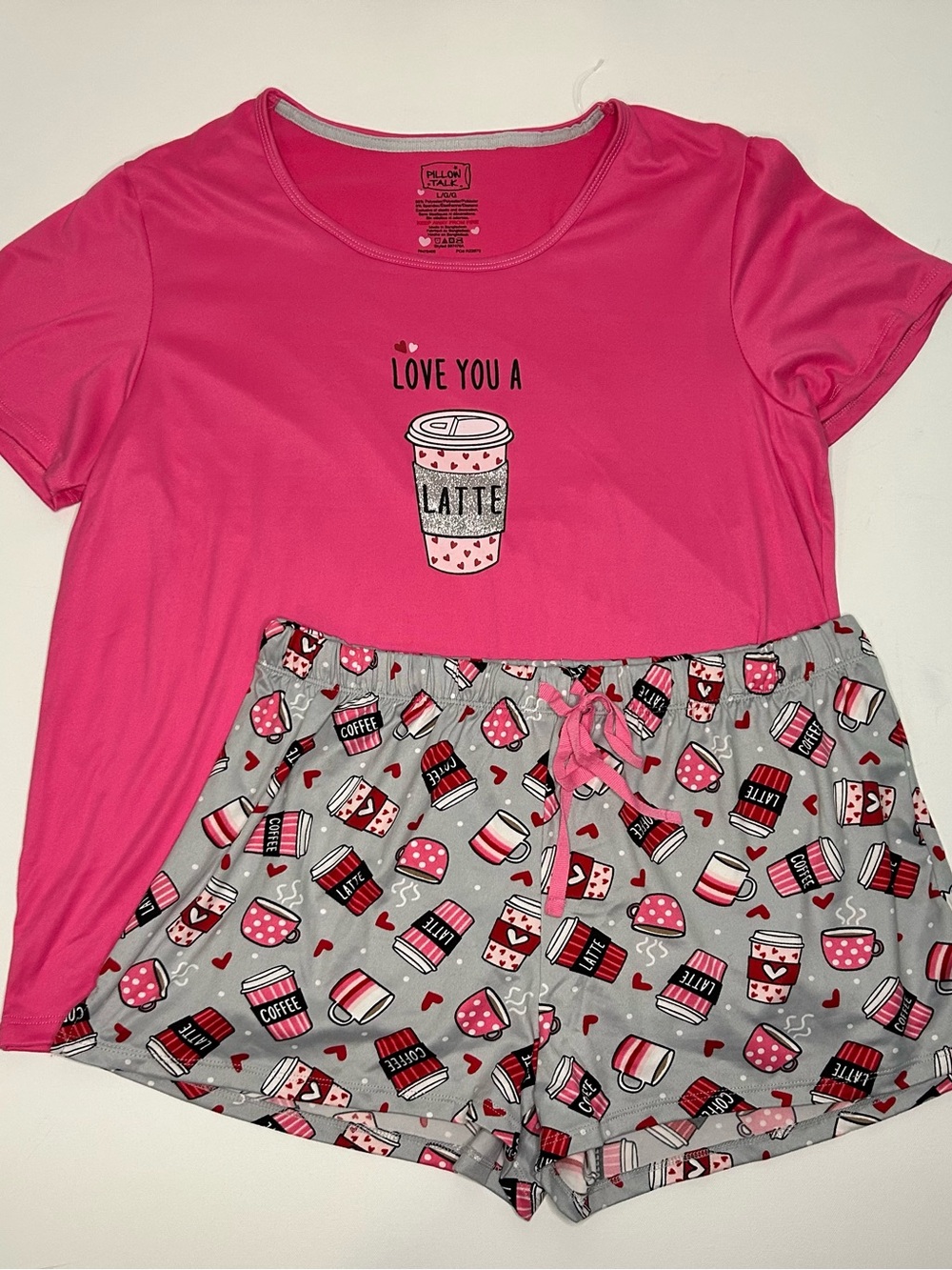 Pillow Talk pink “love you a latte” pajama set, large, soft, coffee design